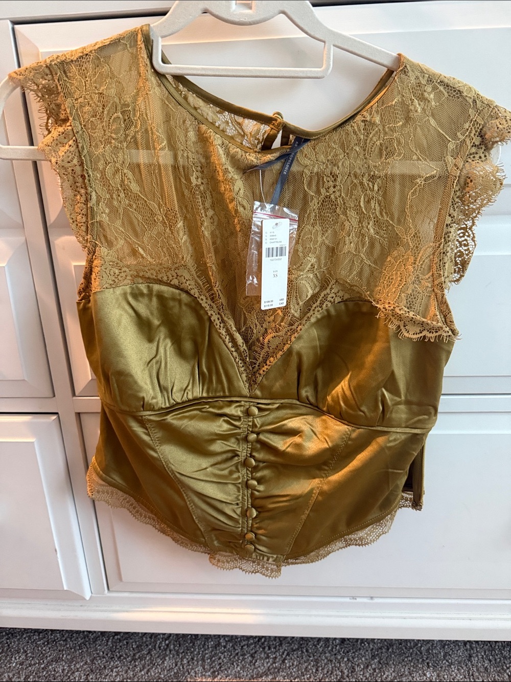 Anthropologie Olive Green Lace Satin Corset Top